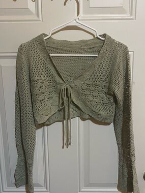 Knit Tie-Front Olive Green Crochet Cropped Top with Bell Sleeves